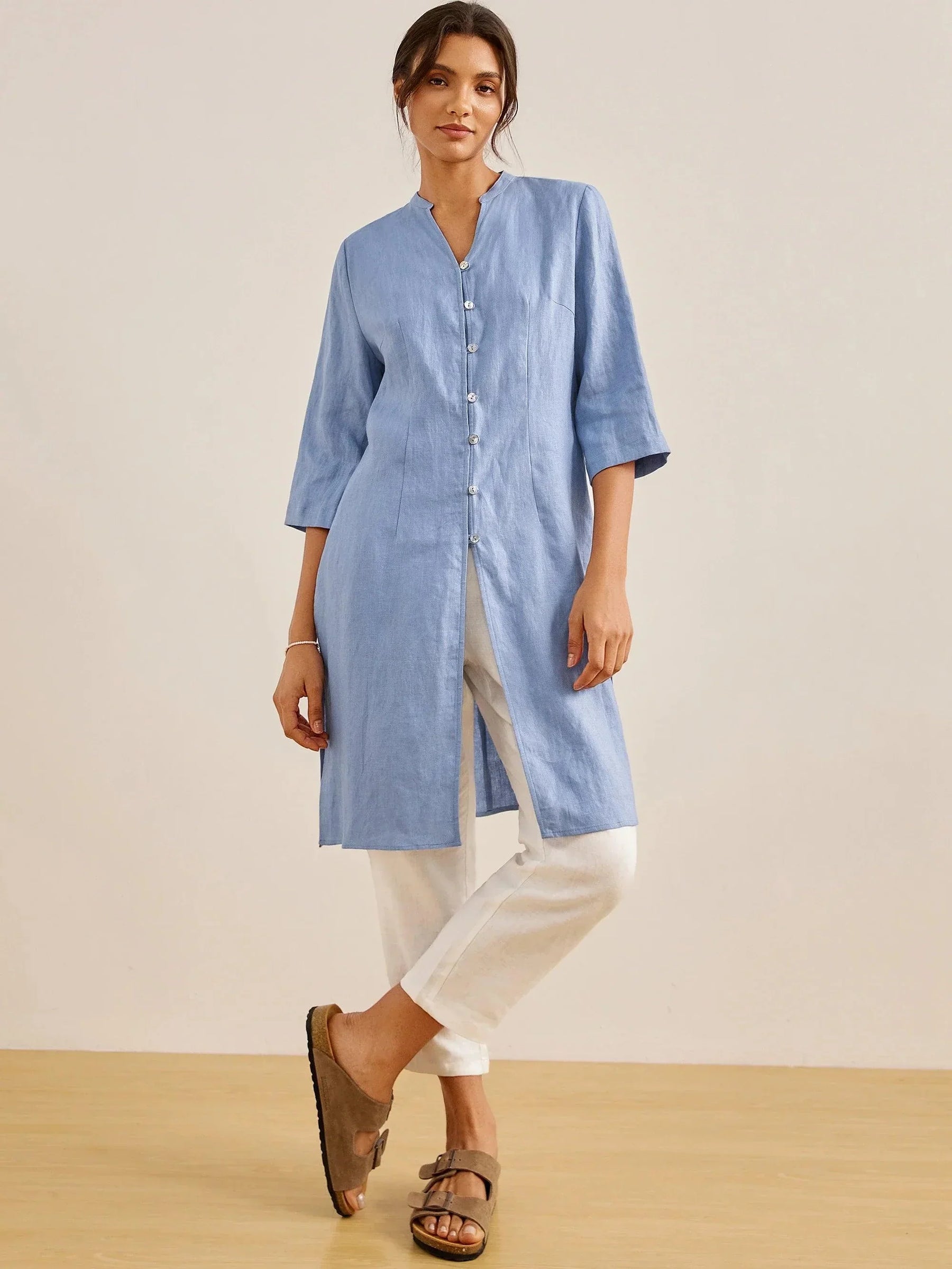 100% Linen Hand Button Long Top DILLON - Glamourous Grace