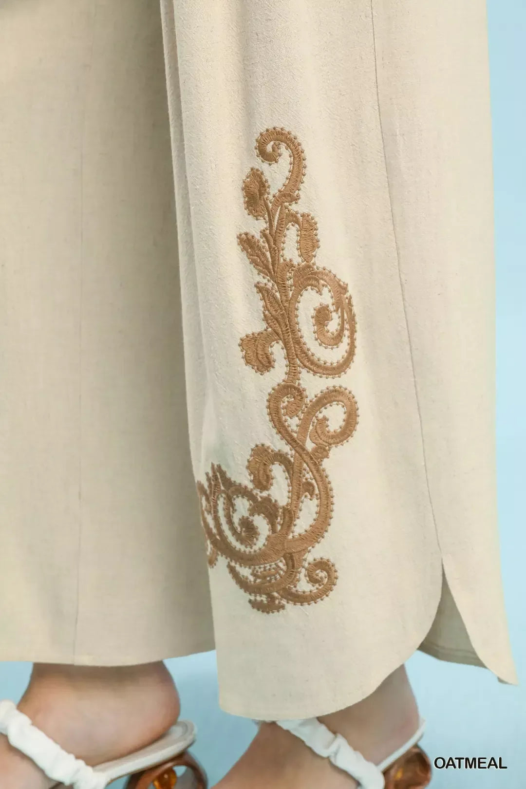 Umgee Linen Embroidered Wide-Leg Boho Pants - Glamourous Grace