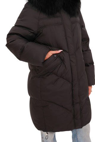 Nellie Genuine Fur Trim Down Fill Coat in Black