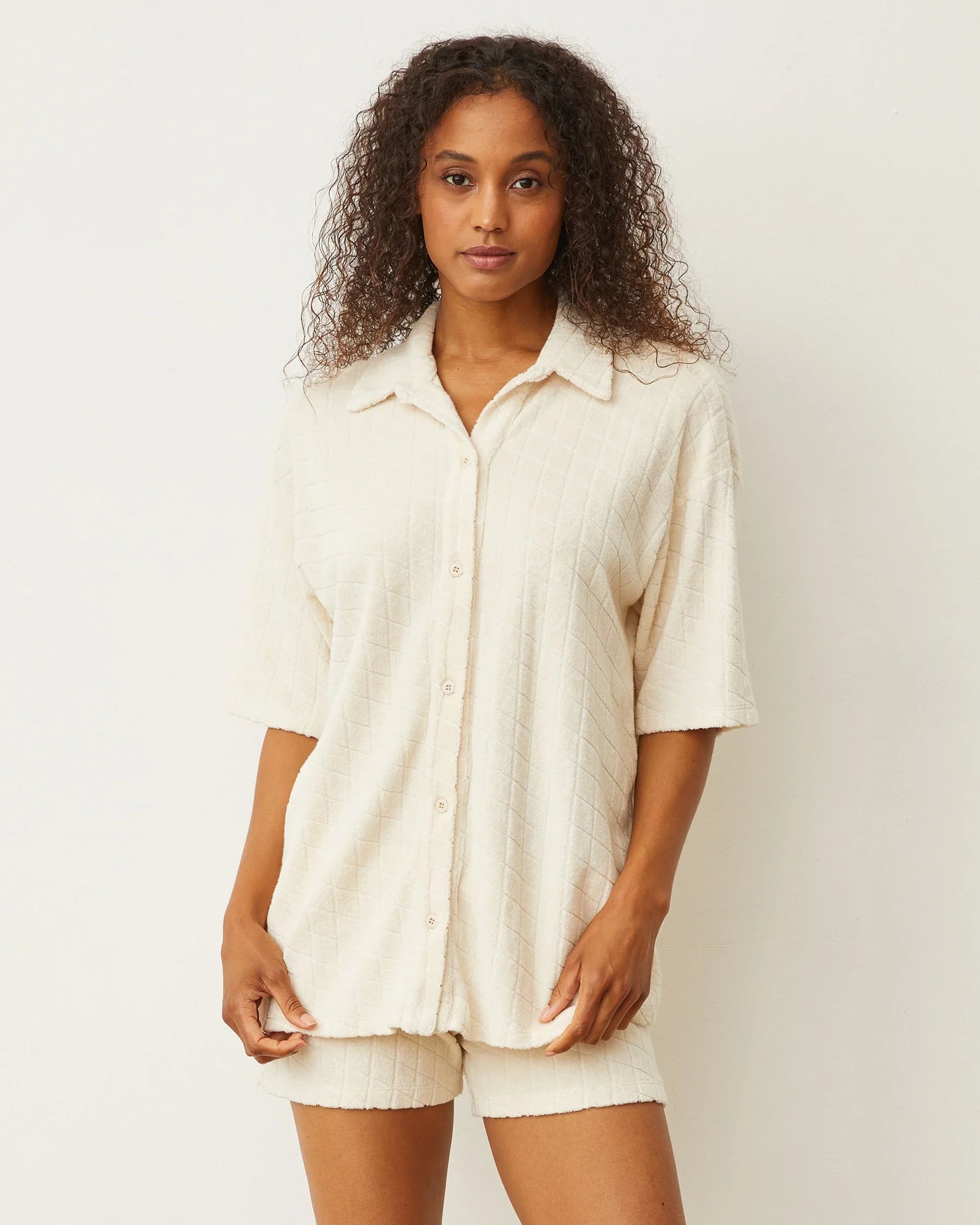 MONROW Diamond Terry Cloth Oversized Shirt, Natural White - Glamourous Grace