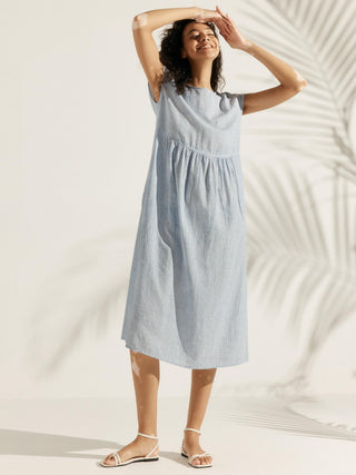 LINTICO Joan 100% linen washed maxi dress with cap sleeves, lightweight midi dress in natural linen fabric, casual elegant style.