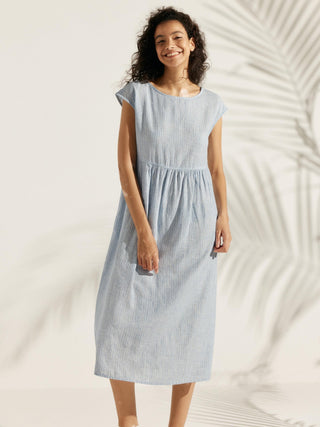 LINTICO 100% linen cap sleeve washed maxi dress with midi length, flowy and lightweight for a casual summer look.