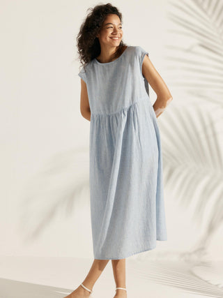 LINTICO Joan 100% linen cap sleeve washed maxi dress with a relaxed fit, lightweight and breathable for warm weather.