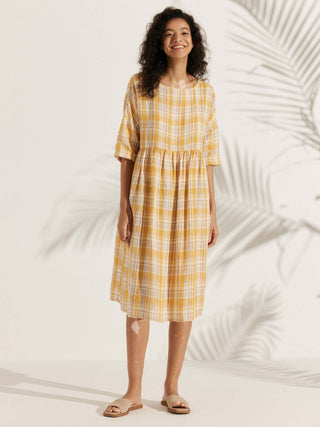 LINTICO 100% linen A-line midi dress labeled VALENCIA, featuring a flowy silhouette and natural linen fabric.