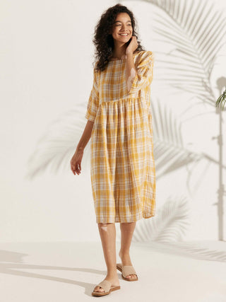 LINTICO 100% linen A-line midi dress in Valencia color, featuring a flowy silhouette and relaxed fit.