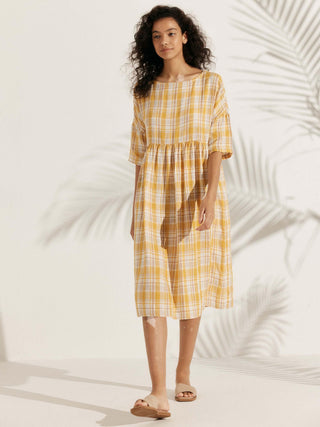 LINTICO 100% linen A-line midi dress in Valencia color, featuring a flowy silhouette and stylish design for casual wear