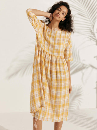 LINTICO 100% linen A-line midi dress in Valencia color, stylish and breathable linen dress for casual or summer wear.