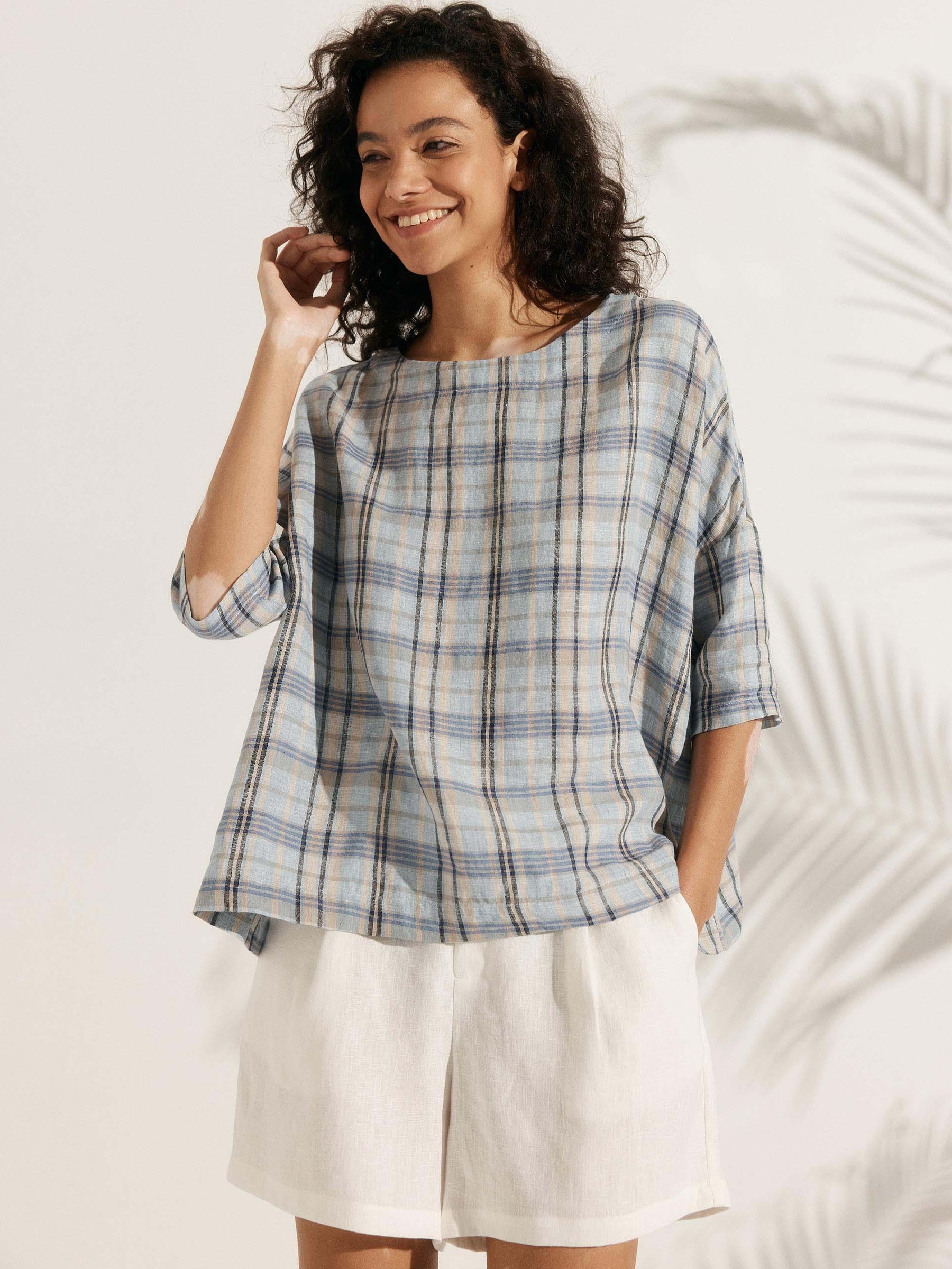 100% Linen Gingham Checked Boatneck 3/4 Length Sleeve Top AURORA - Glamourous Grace