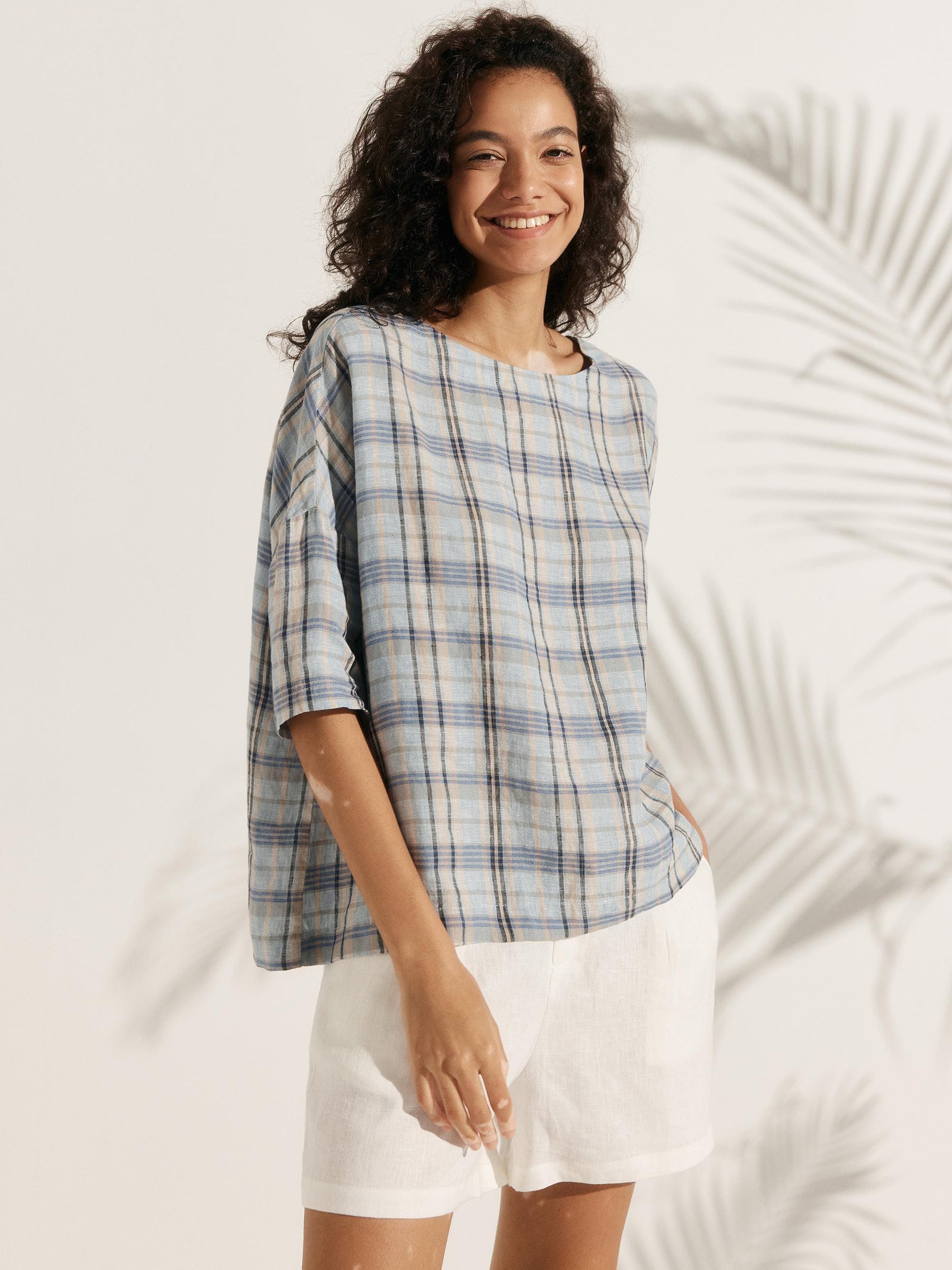 100% Linen Gingham Checked Boatneck 3/4 Length Sleeve Top AURORA - Glamourous Grace