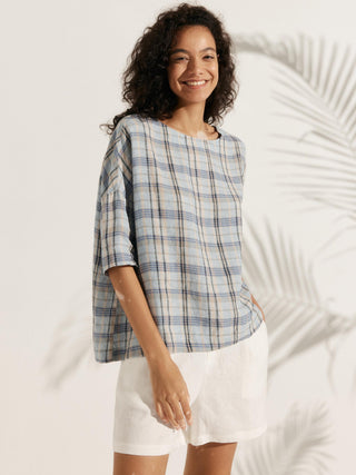 100% Linen Gingham Checked Boatneck 3/4 Length Sleeve Top AURORA - Glamourous Grace