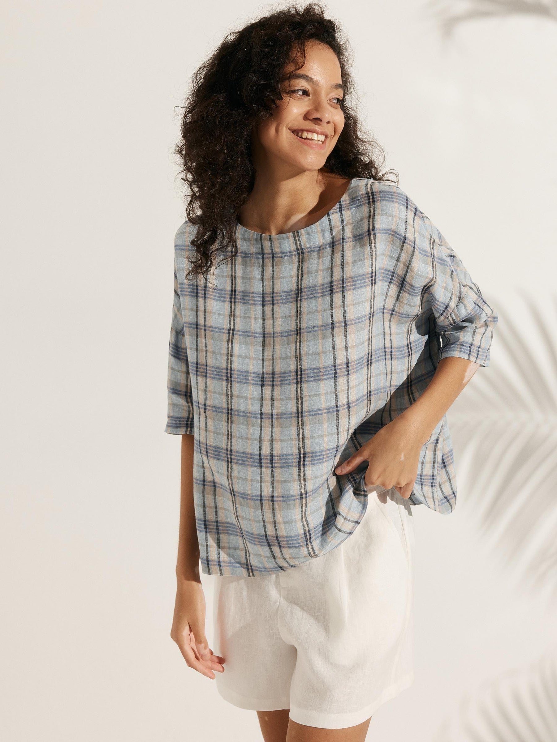 100% Linen Gingham Checked Boatneck 3/4 Length Sleeve Top AURORA - Glamourous Grace