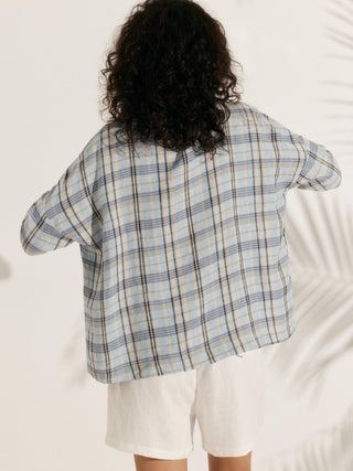 100% Linen Gingham Checked Boatneck 3/4 Length Sleeve Top AURORA - Glamourous Grace