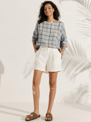 100% Linen Gingham Checked Boatneck 3/4 Length Sleeve Top AURORA - Glamourous Grace