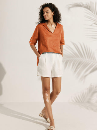 Linen V Neck Short Sleeve Shirt SIERRA - Glamourous Grace