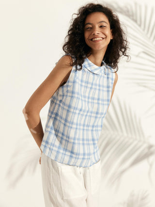 LINTICO 100% linen draped collar tank top in natural beige, sleeveless design with relaxed fit and lightweight fabric.
