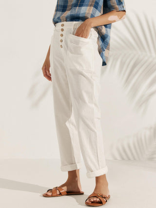 LINTICO Heidi linen blend button fly trousers in neutral color, casual bottoms with front buttons and relaxed fit.