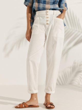 LINTICO Heidi linen blend button fly trousers in neutral color, casual and relaxed fit, front pockets, and tailored waistband.