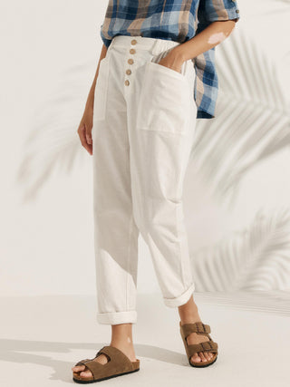 LINTICO linen blend button fly trousers in a simple, relaxed style, shown on a model with a focus on the front view.