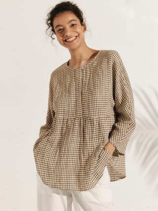Linen Checked Long-Sleeved Top CAROLINE - Glamourous Grace