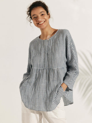 Linen Checked Long-Sleeved Top CAROLINE - Glamourous Grace