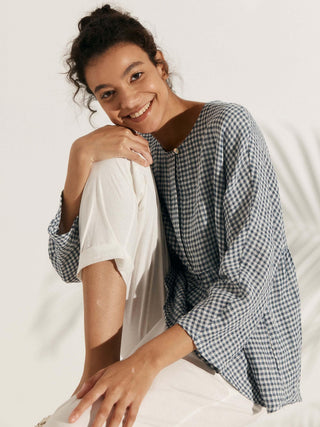 Linen Checked Long-Sleeved Top CAROLINE - Glamourous Grace
