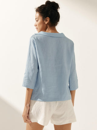 LINTICO linen gingham checked round collar blouse with soft fold detail, lightweight and stylish top for casual wear.