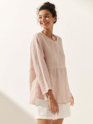 Linen Checked Long-Sleeved Top CAROLINE - Glamourous Grace