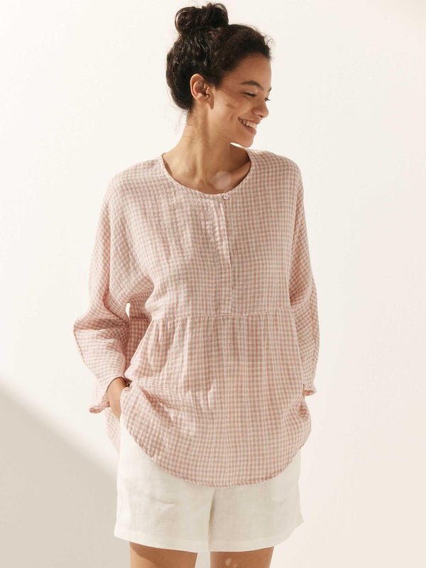 Linen Checked Long-Sleeved Top CAROLINE - Glamourous Grace