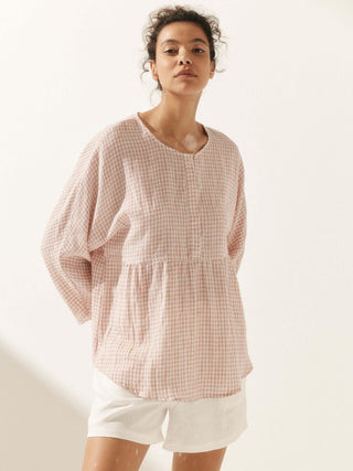 Linen Checked Long-Sleeved Top CAROLINE - Glamourous Grace