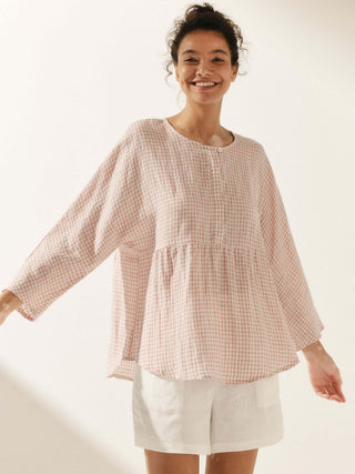 Linen Checked Long-Sleeved Top CAROLINE - Glamourous Grace