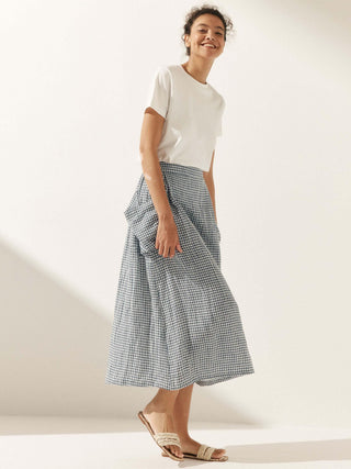 Linen Checked Elastic Waist Skirt MARINA - Glamourous Grace
