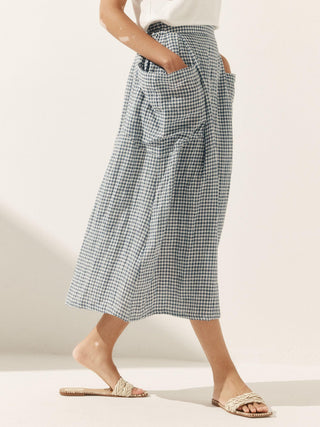 Linen Checked Elastic Waist Skirt MARINA - Glamourous Grace