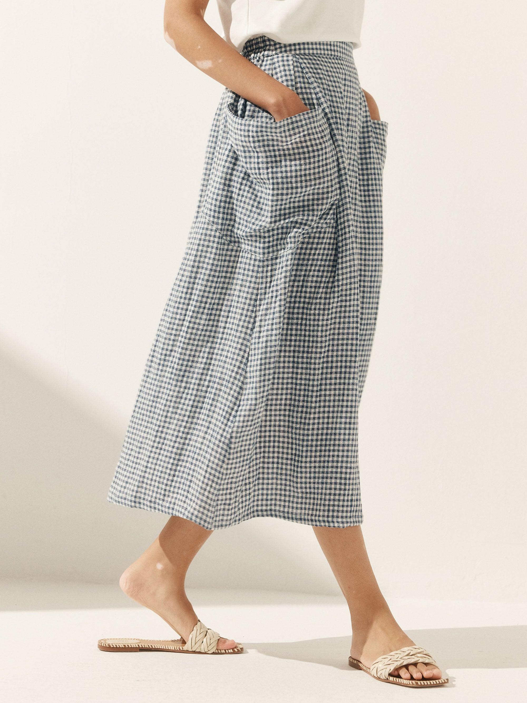 Linen Checked Elastic Waist Skirt MARINA - Glamourous Grace