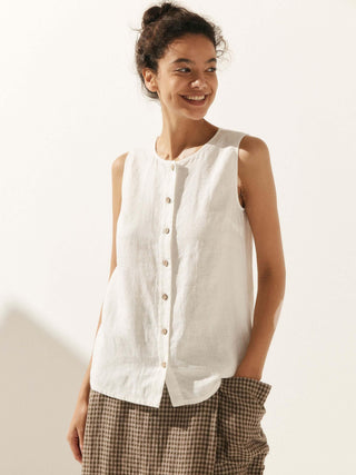 LINTICO 100% linen buttons-down tank top for women, sleeveless design, breathable and lightweight fabric, natural casual style