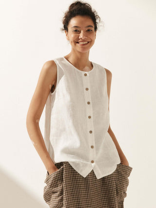 LINTICO Erin 100% linen button-down tank top in natural beige, sleeveless design with a relaxed fit and classic collar.