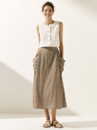 Linen Checked Elastic Waist Skirt MARINA - Glamourous Grace