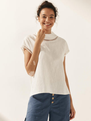 100% Linen Gingham Checked Cutout Turtleneck Top CAROL - Glamourous Grace