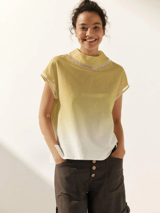 100% Linen Gingham Checked Cutout Turtleneck Top CAROL - Glamourous Grace