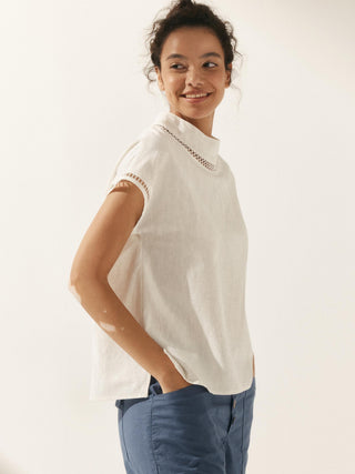 100% Linen Gingham Checked Cutout Turtleneck Top CAROL - Glamourous Grace