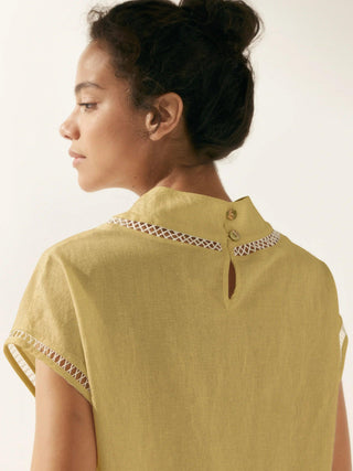 100% Linen Gingham Checked Cutout Turtleneck Top CAROL - Glamourous Grace