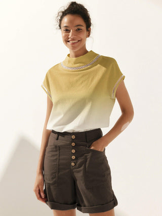 100% Linen Gingham Checked Cutout Turtleneck Top CAROL - Glamourous Grace