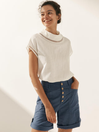 100% Linen Gingham Checked Cutout Turtleneck Top CAROL - Glamourous Grace