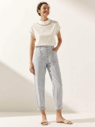 LINTICO Heidi linen blend button fly trousers in neutral color, tailored casual bottoms with front pockets and relaxed fit.