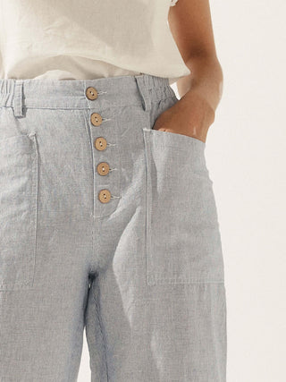 LINTICO Heidi linen blend button fly trousers, simple stylish bottoms with relaxed fit and natural fabric texture.