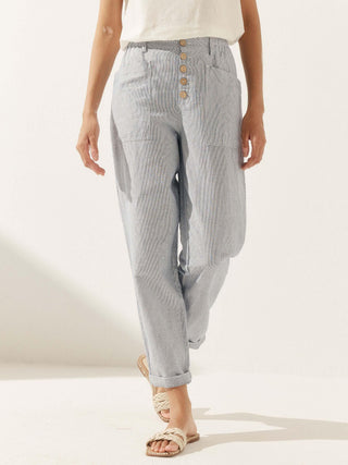 LINTICO linen blend button fly trousers in beige, shown as simple, stylish bottoms with a relaxed fit and front button closure.