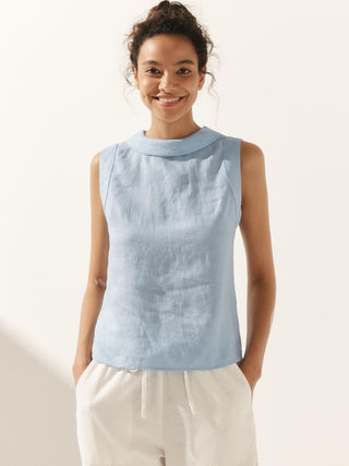 LINTICO 100% linen draped collar tank top, lightweight sleeveless top with relaxed fit and stylish collar detail.