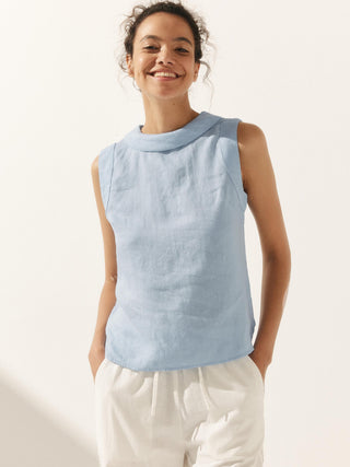 LINTICO 100% linen draped collar tank top in neutral color, sleeveless design, lightweight and breathable for warm weather.
