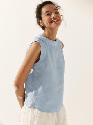 LINTICO Jacqueline linen tank top with draped collar, sleeveless design, light beige color, and relaxed fit.