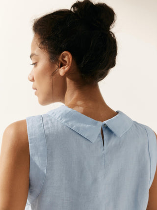 LINTICO 100% linen draped collar tank top displayed on a hanger, showcasing lightweight, breathable fabric and relaxed fit.