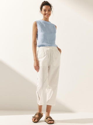 LINTICO Jacqueline linen tank top with draped collar, sleeveless design, and relaxed fit in natural linen fabric.